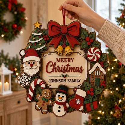 Personalized Christmas Door Sign Custom Family Name Wreath Merry Xmas Wall Hanging Holiday