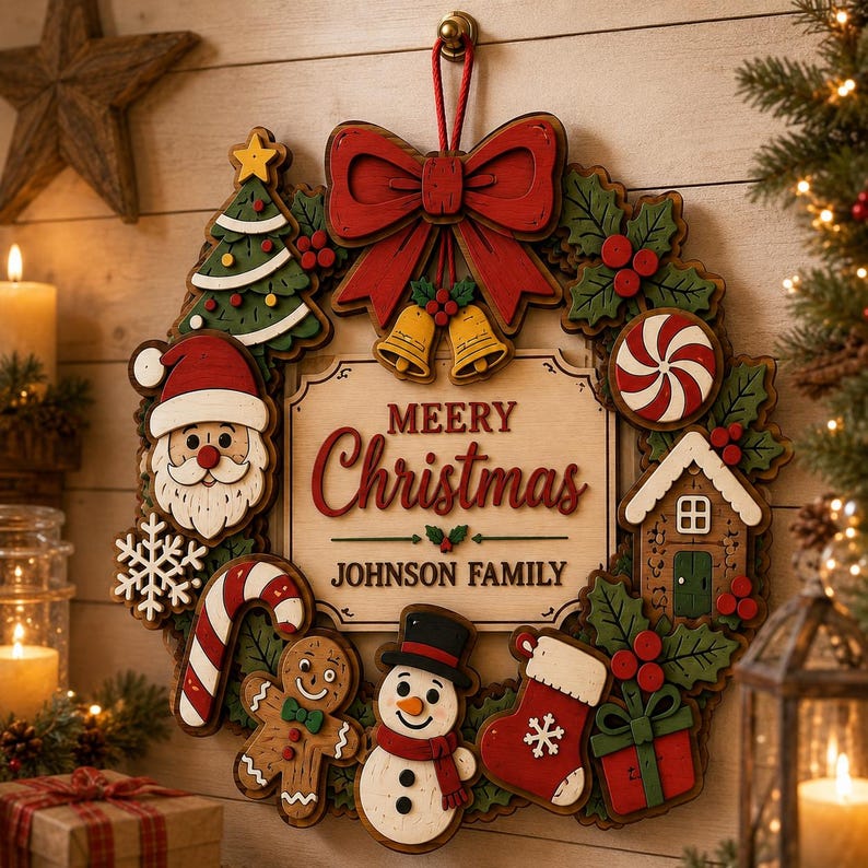 Personalized Christmas Door Sign Custom Family Name Wreath Merry Xmas Wall Hanging Holiday