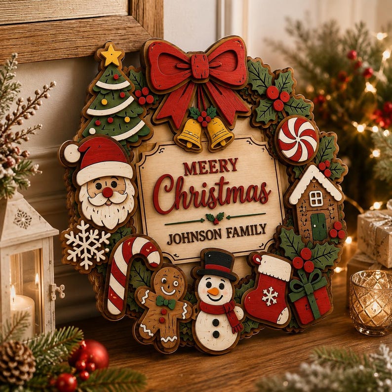 Personalized Christmas Door Sign Custom Family Name Wreath Merry Xmas Wall Hanging Holiday