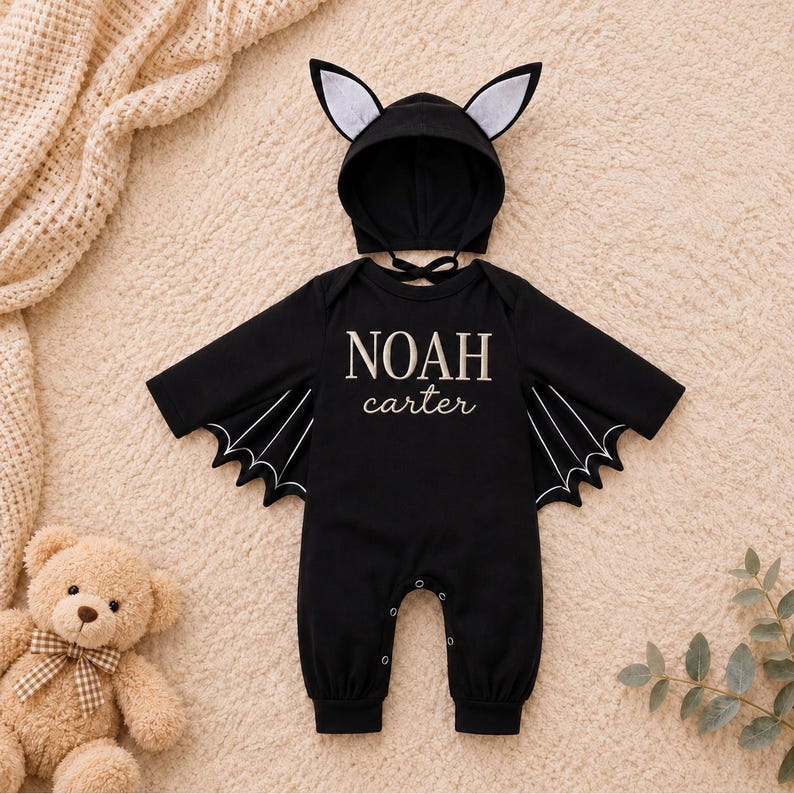 Personalized Baby Bat Costume, Embroidered Halloween Romper