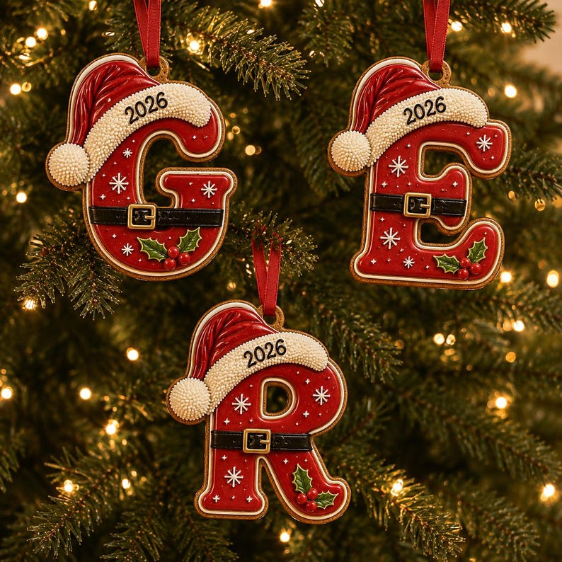 Personalized Christmas Letter Ornament, Custom Kids Name Ornament, Santa Hat Initial Ornament