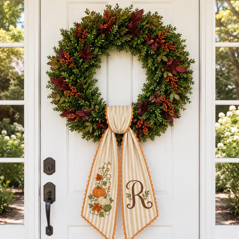 Personalized Fall Wreath Sash Custom Initial Autumn Front Door Decor