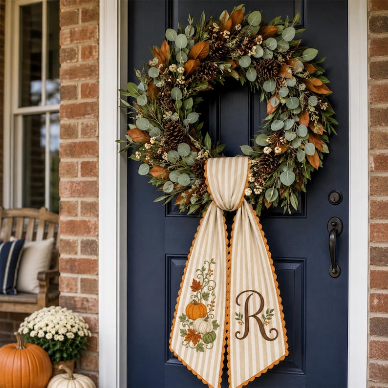 Personalized Fall Wreath Sash Custom Initial Autumn Front Door Decor