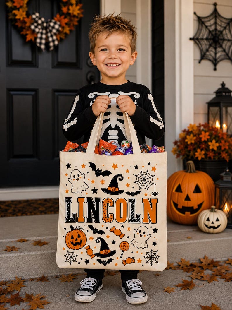 Personalized Trick or Treat Bags, Halloween Candy Bag Tote with Name