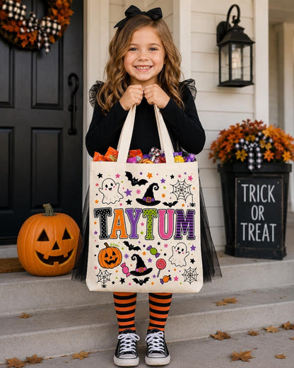 Personalized Trick or Treat Bags, Halloween Candy Bag Tote with Name