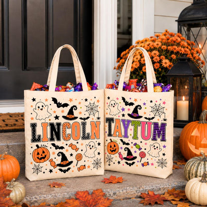 Personalized Trick or Treat Bags, Halloween Candy Bag Tote with Name