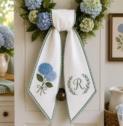 Personalized Hydrangea Door Hanger Sash, Blue Hydrangea Wreath Sash