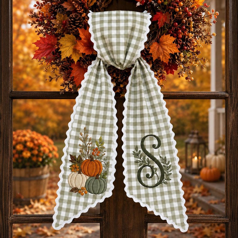Personalized Fall Pumpkin Sash, Gingham Monogram Fall Wreath Bow Wreath Sash