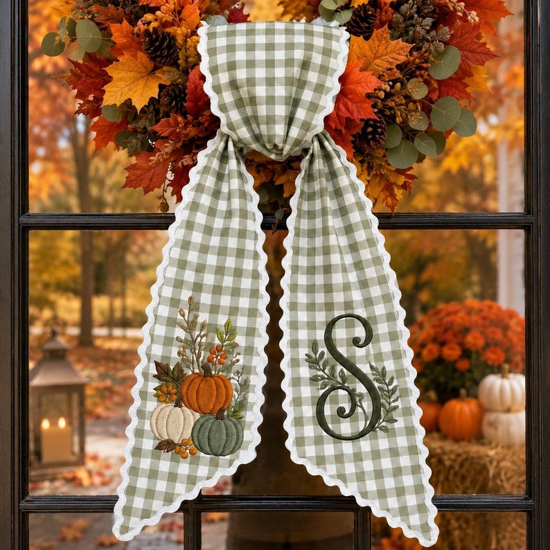 Personalized Fall Pumpkin Sash, Gingham Monogram Fall Wreath Bow Wreath Sash