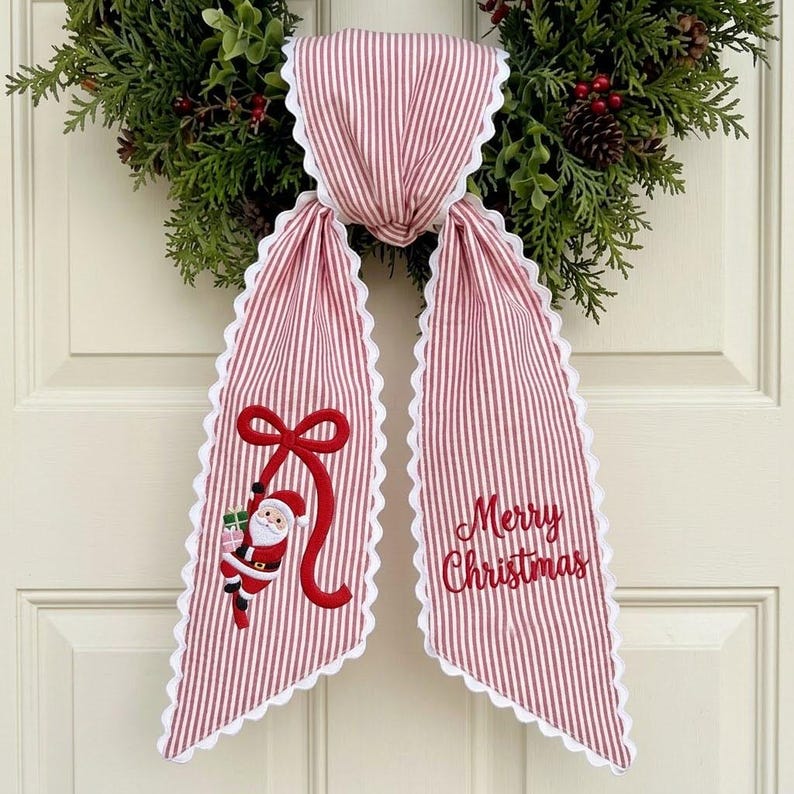Personalized Christmas Wreath Sash, Santa Monogram Ribbon