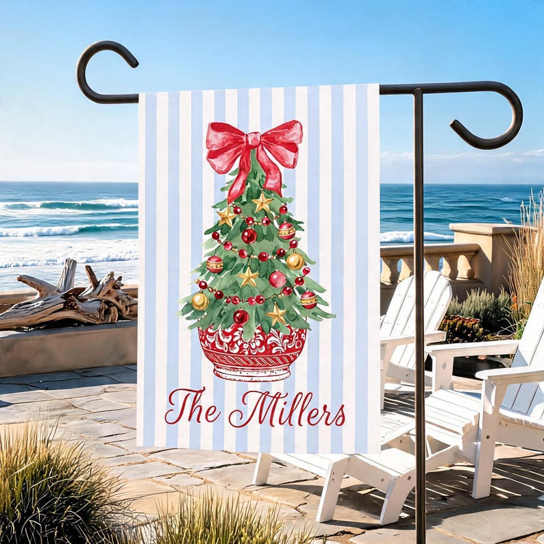 Personalized Christmas Tree Garden Flag, Watercolor Family Name Decor