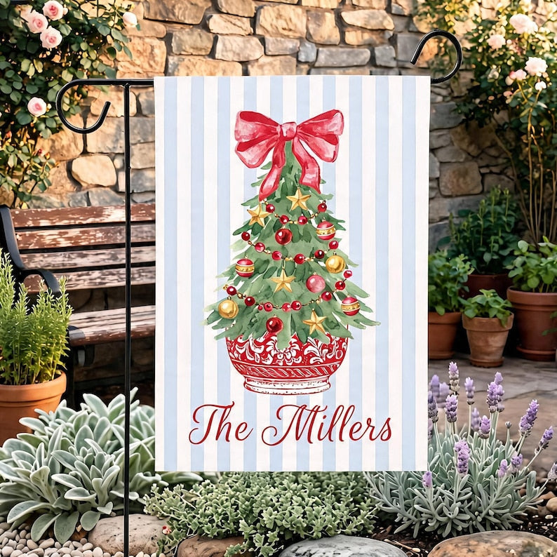 Personalized Christmas Tree Garden Flag, Watercolor Family Name Decor