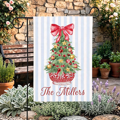Personalized Christmas Tree Garden Flag, Watercolor Family Name Decor