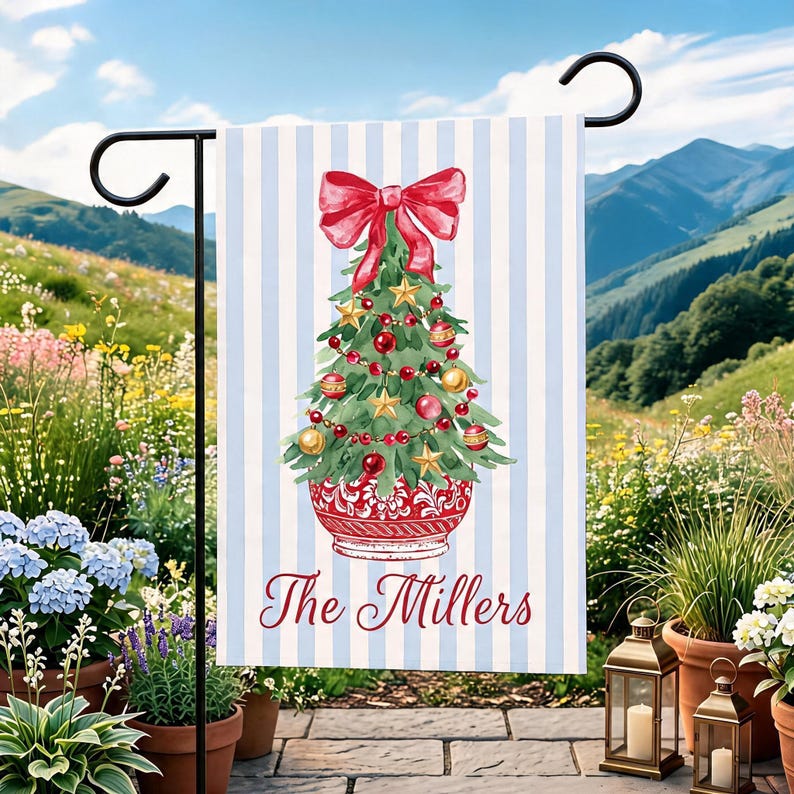 Personalized Christmas Tree Garden Flag, Watercolor Family Name Decor