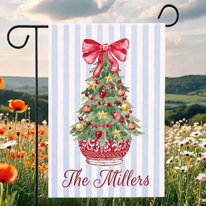 Personalized Christmas Tree Garden Flag, Watercolor Family Name Decor