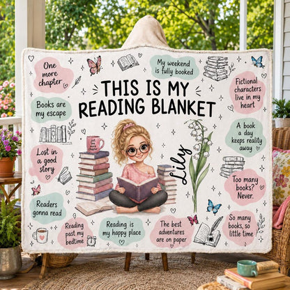 Custom Name Girl Reading Blanket, Personalized Hooded Bookish Throw Blanket