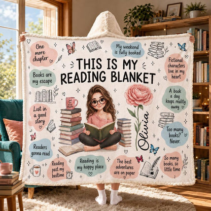 Custom Name Girl Reading Blanket, Personalized Hooded Bookish Throw Blanket