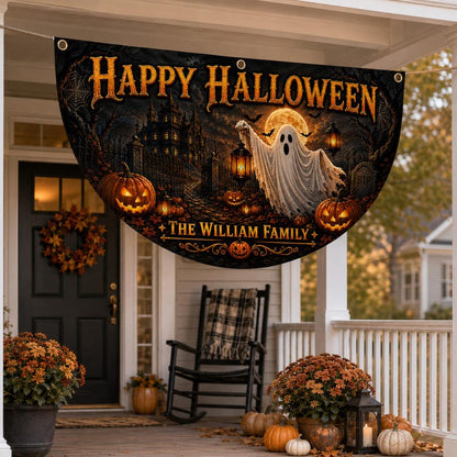 Personalized Happy Halloween Bunting Flag, Custom Family Name Halloween Banner