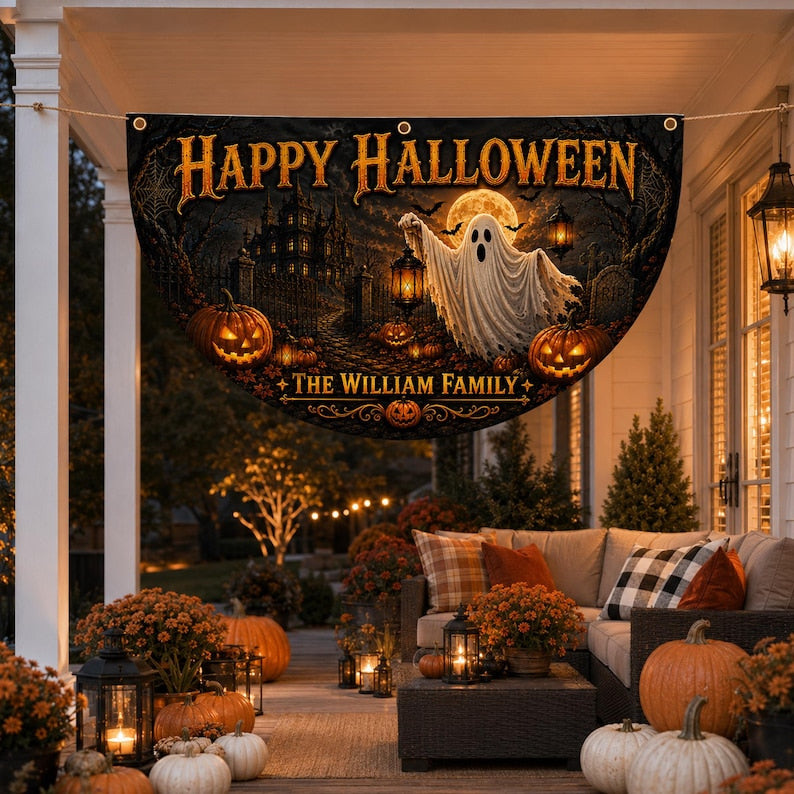 Personalized Happy Halloween Bunting Flag, Custom Family Name Halloween Banner