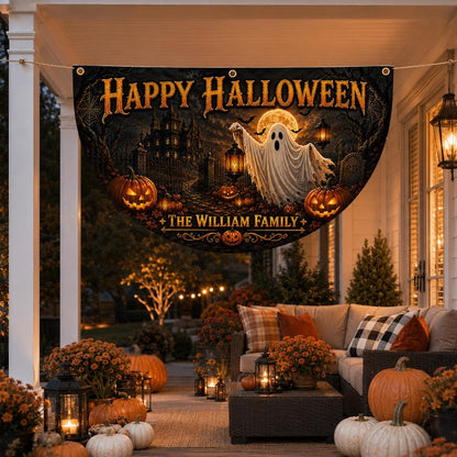 Personalized Happy Halloween Bunting Flag, Custom Family Name Halloween Banner
