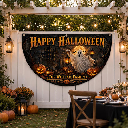 Personalized Happy Halloween Bunting Flag, Custom Family Name Halloween Banner