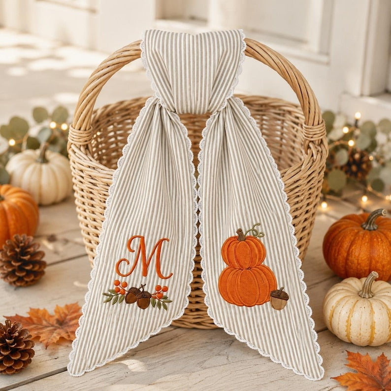 Pumpkin Monogram Wreath Sash, Personalized Fall Door Bow, Autumn Harvest Front Door Decor