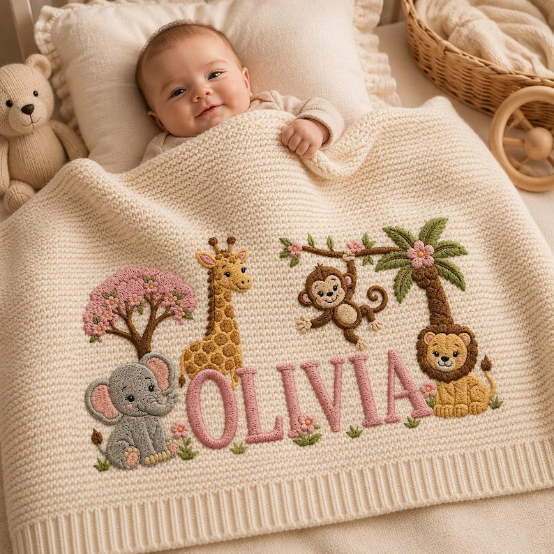 Personalized Knit Safari Animals Baby Blanket Name, Custom Embroidered Elephant Lion Baby Blanket