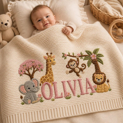Personalized Knit Safari Animals Baby Blanket Name, Custom Embroidered Elephant Lion Baby Blanket