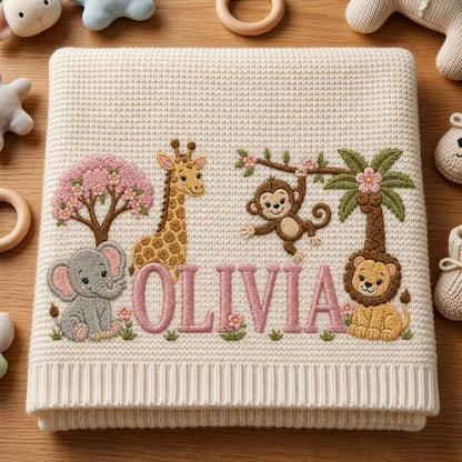 Personalized Knit Safari Animals Baby Blanket Name, Custom Embroidered Elephant Lion Baby Blanket