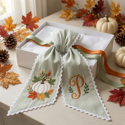 Personalized Pumpkin Wreath Sash -  Fall Monogram Gingham Door Bow