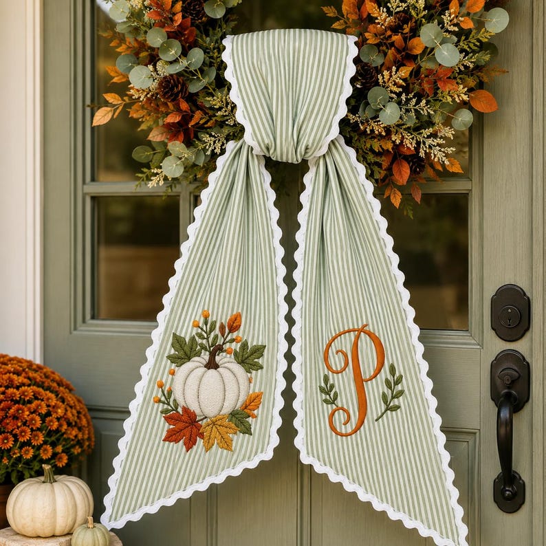 Personalized Pumpkin Wreath Sash -  Fall Monogram Gingham Door Bow