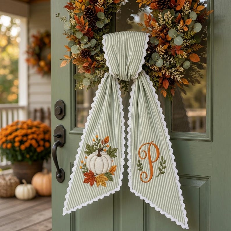 Personalized Pumpkin Wreath Sash -  Fall Monogram Gingham Door Bow