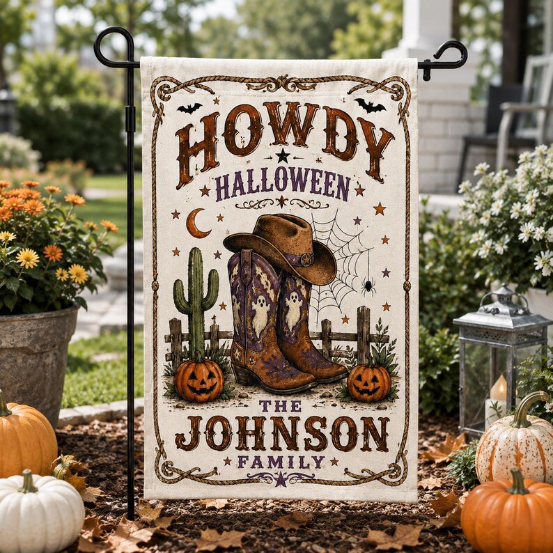 Personalized Howdy Halloween Garden Flag, Custom Family Name Western Cowboy Boots Yard Flag