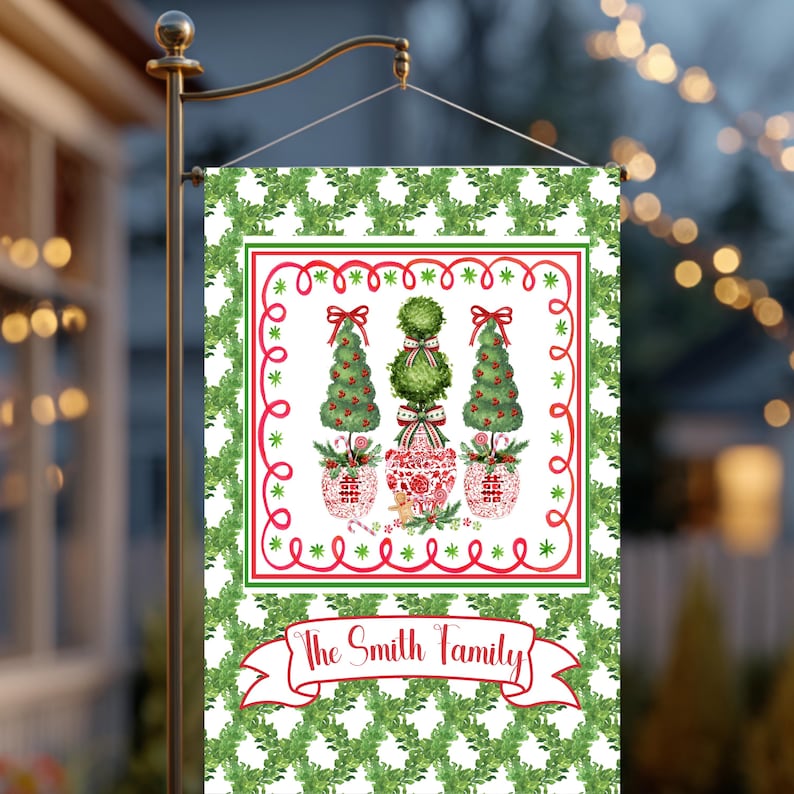 Christmas Garden Flag Personalized Family Name Gift Outdoor Holiday Topiary Tree Red Chinoiserie