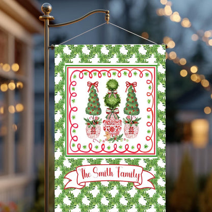 Christmas Garden Flag Personalized Family Name Gift Outdoor Holiday Topiary Tree Red Chinoiserie