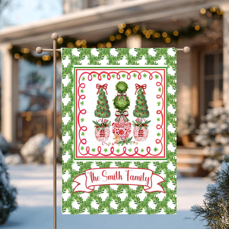Christmas Garden Flag Personalized Family Name Gift Outdoor Holiday Topiary Tree Red Chinoiserie