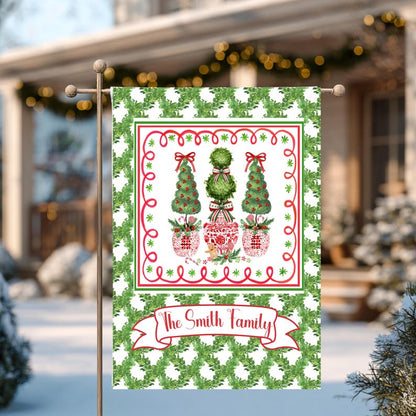 Christmas Garden Flag Personalized Family Name Gift Outdoor Holiday Topiary Tree Red Chinoiserie