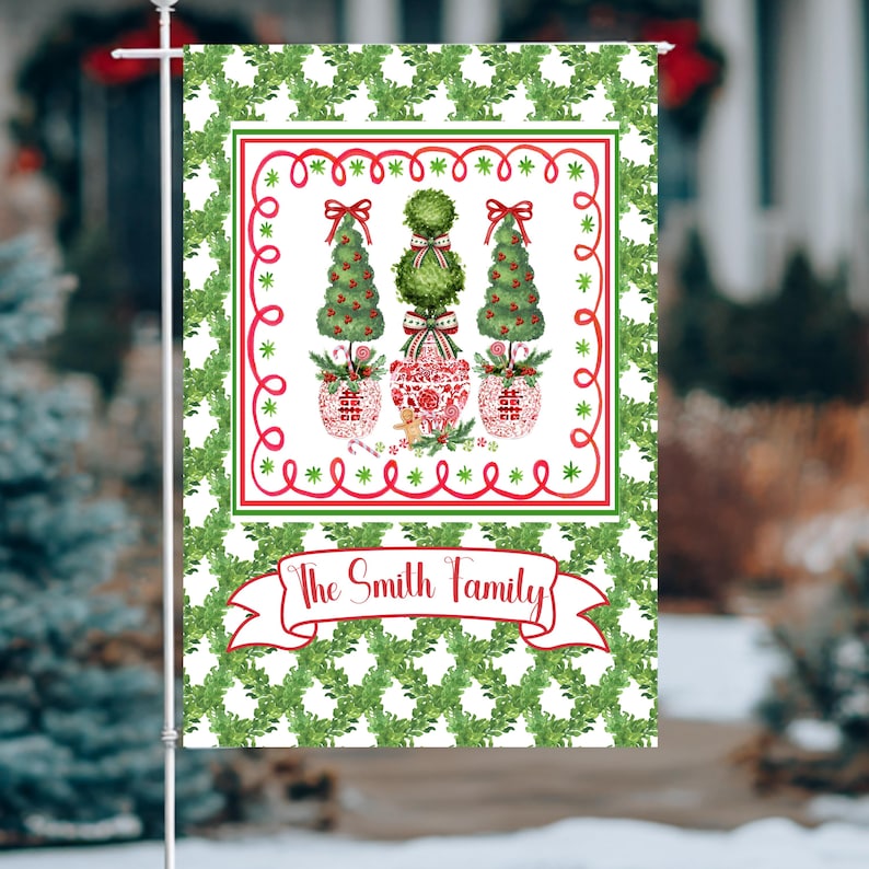 Christmas Garden Flag Personalized Family Name Gift Outdoor Holiday Topiary Tree Red Chinoiserie