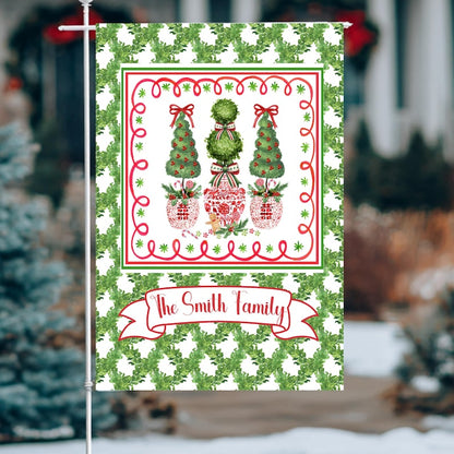 Christmas Garden Flag Personalized Family Name Gift Outdoor Holiday Topiary Tree Red Chinoiserie