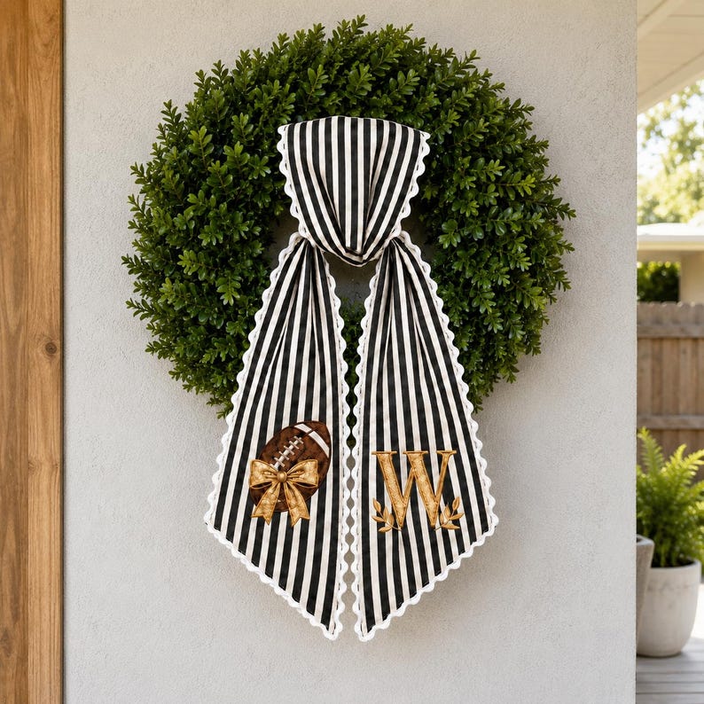Personalized Football Wreath Sash, Black-White Stripes