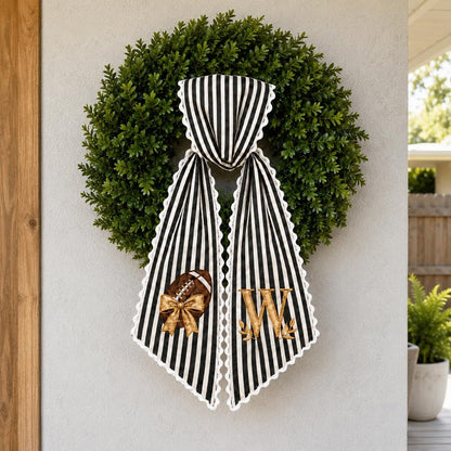 Personalized Football Wreath Sash, Black-White Stripes