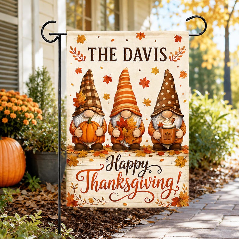Personalized Thanksgiving Gnome Garden Flag, Custom Family Fall Pumpkin Yard Flag