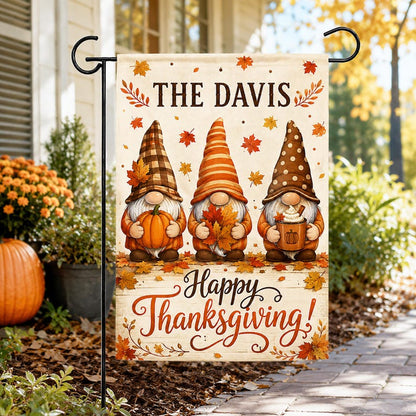 Personalized Thanksgiving Gnome Garden Flag, Custom Family Fall Pumpkin Yard Flag