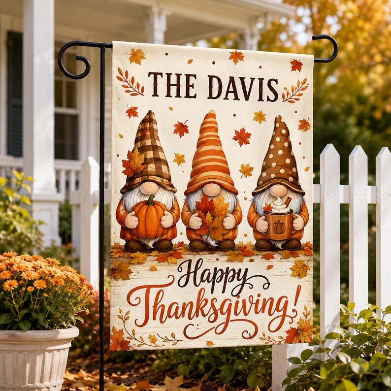 Personalized Thanksgiving Gnome Garden Flag, Custom Family Fall Pumpkin Yard Flag
