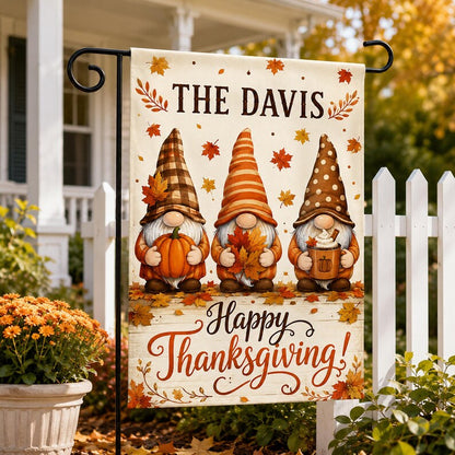 Personalized Thanksgiving Gnome Garden Flag, Custom Family Fall Pumpkin Yard Flag