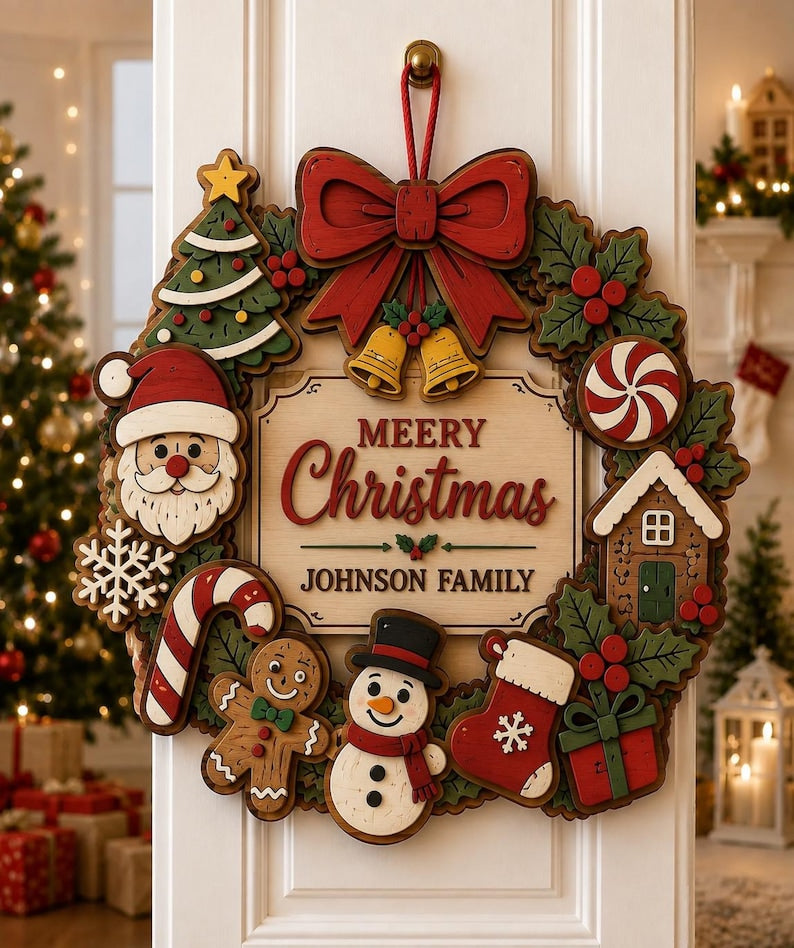 Personalized Christmas Door Sign Custom Family Name Wreath Merry Xmas Wall Hanging Holiday