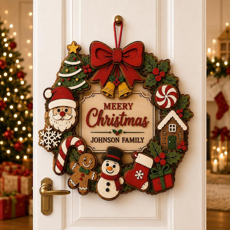 Personalized Christmas Door Sign Custom Family Name Wreath Merry Xmas Wall Hanging Holiday
