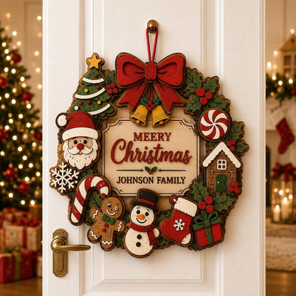 Personalized Christmas Door Sign Custom Family Name Wreath Merry Xmas Wall Hanging Holiday