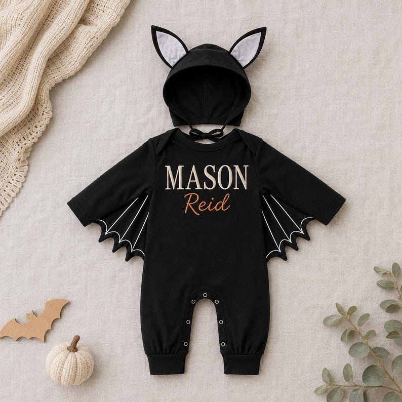 Personalized Baby Bat Costume, Embroidered Halloween Romper