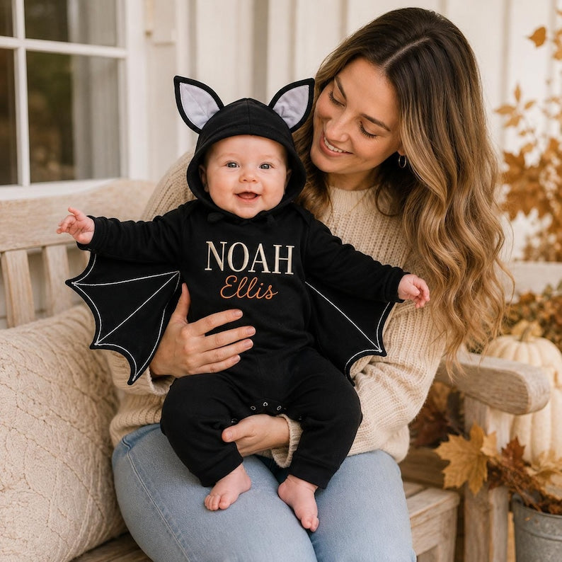 Personalized Baby Bat Costume, Embroidered Halloween Romper